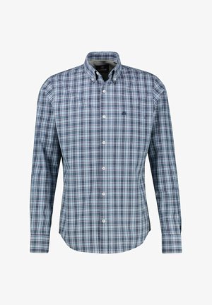 Koszula z długim rękawem zapinana na guziki w niebiesko-biały wzór w kratę. Posiada kołnierz typu spread, pojedynczą kieszeń na piersi oraz zaokrąglony dół. Wykonana z bawełny.