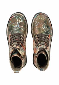 Colorful ankle boots with a glossy finish, featuring a mix of abstract patterns, sturdy metal eyelets, and a textured fabric ankle collar.