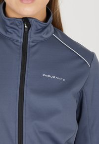 Veste de sport grise avec un col haut, fermeture éclair et coutures blanches. Logo "ENDURANCE" affiché sur la poitrine gauche.