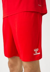 Shorts atletici roșii, confecționați dintr-un material neted și ușor. Caracteristici includ un logo pe margine și cusături întărite pe talie.