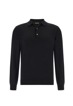 Schwarz langärmliges Polohemd aus Strickstoff mit Kragen, drei Knöpfen am Hals sowie gerippten Bündchen und Saum.