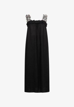 Sort maxi kjole med flæser ved skuldrene, featuring leopard print på stropperne og en gathered talje. Letvægts stof, afslappet design.