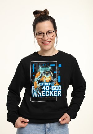 Black sweatshirt featuring a colorful graphic design of a robot with the text "EXTREME R40-601 WRECKER" in blue and white.