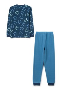 Blue fleece pajama set featuring a long-sleeve top with playful smiley face patterns and solid blue pants with elastic waistband.