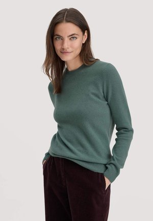 Groene gebreide trui met een ronde hals, lange mouwen en geribbelde manchetten. Gemaakt in combinatie met donkere corduroy broek, met een gladde textuur en minimale details.