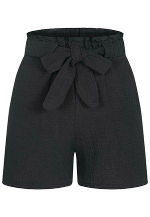 Juodi šortai, pagaminti iš tekstūruotos medžiagos, su plačiu elastingu juosmeniu, savarankišku priekiniu kaspinu ir laisvu reguliuojamu dizainu.