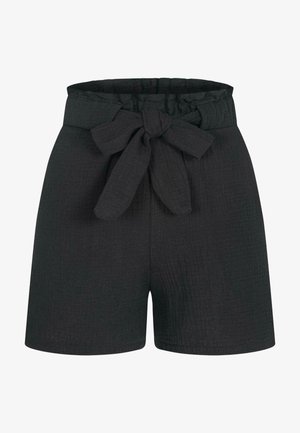 Melnas šortas, izgatavotas no teksturēta auduma, ar platu elastīgu jostu, pašsaprotamu priekšējo loku un brīvu piegriezumu.