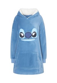 Coperta con cappuccio blu dalla texture morbida, caratterizzata da un viso cartoon ricamato con grandi occhi e un naso. Include una tasca frontale.