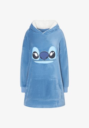 Coperta con cappuccio blu dalla texture morbida, caratterizzata da un viso cartoon ricamato con grandi occhi e un naso. Include una tasca frontale.