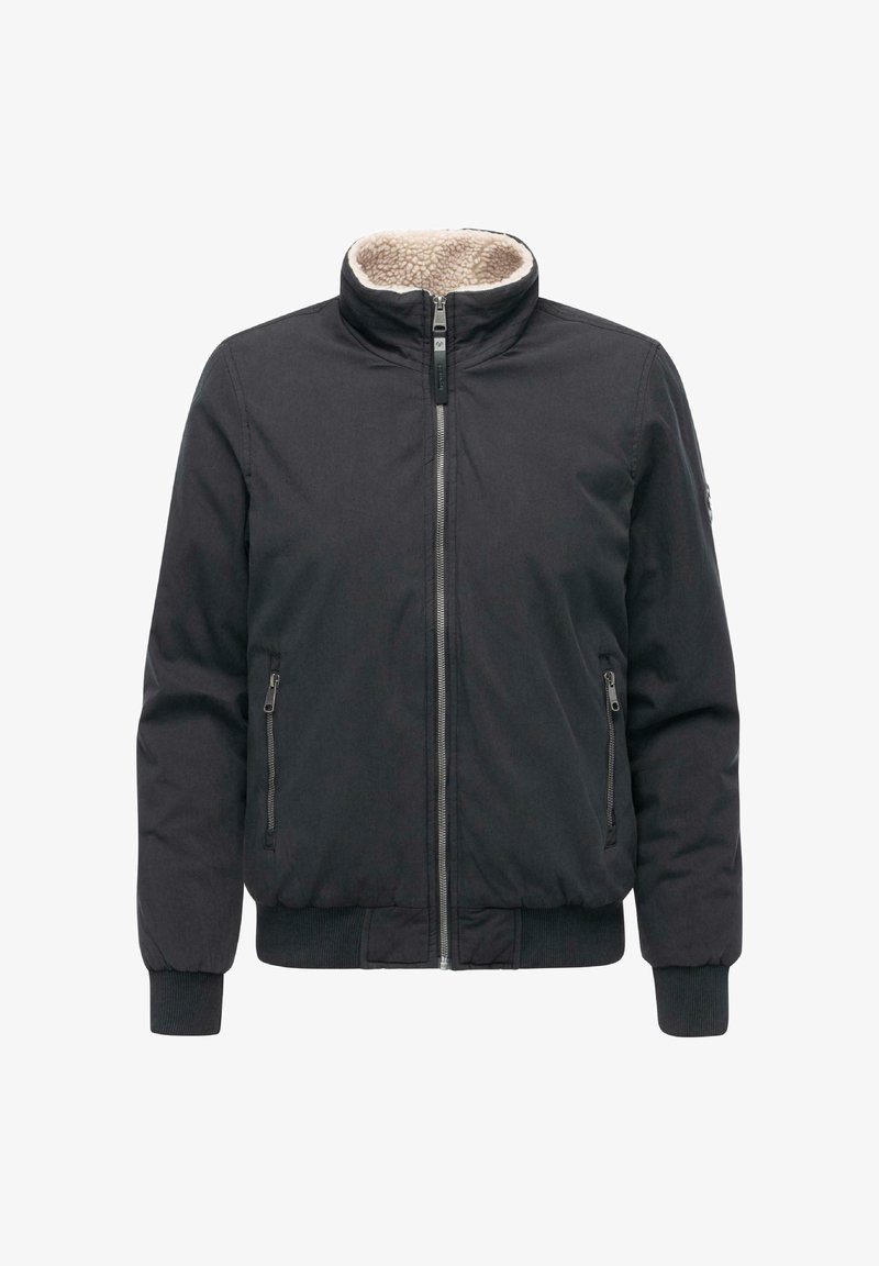 Giacca nera con zip, colletto alto e foderatura in pelliccia sintetica color crema. Presenta due tasche laterali e orli a coste per una vestibilità aderente.
