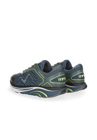 Men's athletic shoes featuring a dark blue mesh upper with green accents, a cushioned sole, and textured detailing. Logo displayed on the side.