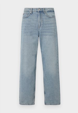 Lys blå denimjeans med høy midje, rett ben-design, fem lommer, og subtil falming for et brukt utseende.
