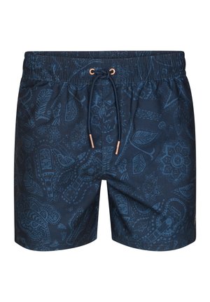 Marineblauwe zwemshort met elastische taille, verstelbaar trekkoord en subtiel paisley- en bloemenpatroon in donkere tinten.