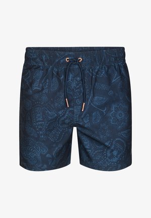 Marineblauwe zwemshort met elastische taille, verstelbaar trekkoord en subtiel paisley- en bloemenpatroon in donkere tinten.