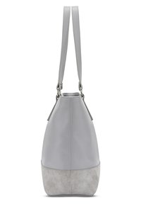 Gray leather handbag with a soft texture, featuring a suede base. Two adjustable shoulder straps and minimalist design.