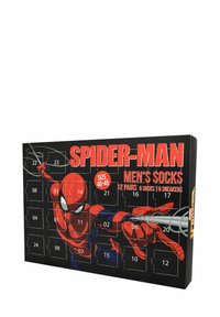 Black box featuring Spider-Man graphic, red accents, and multiple numbered compartments. Contains 12 pairs of men's socks, size 40-45.