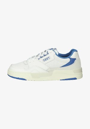 White leather sneaker with blue accents, perforated detailing, and a textured sole. Features a padded collar and laces for secure fit.