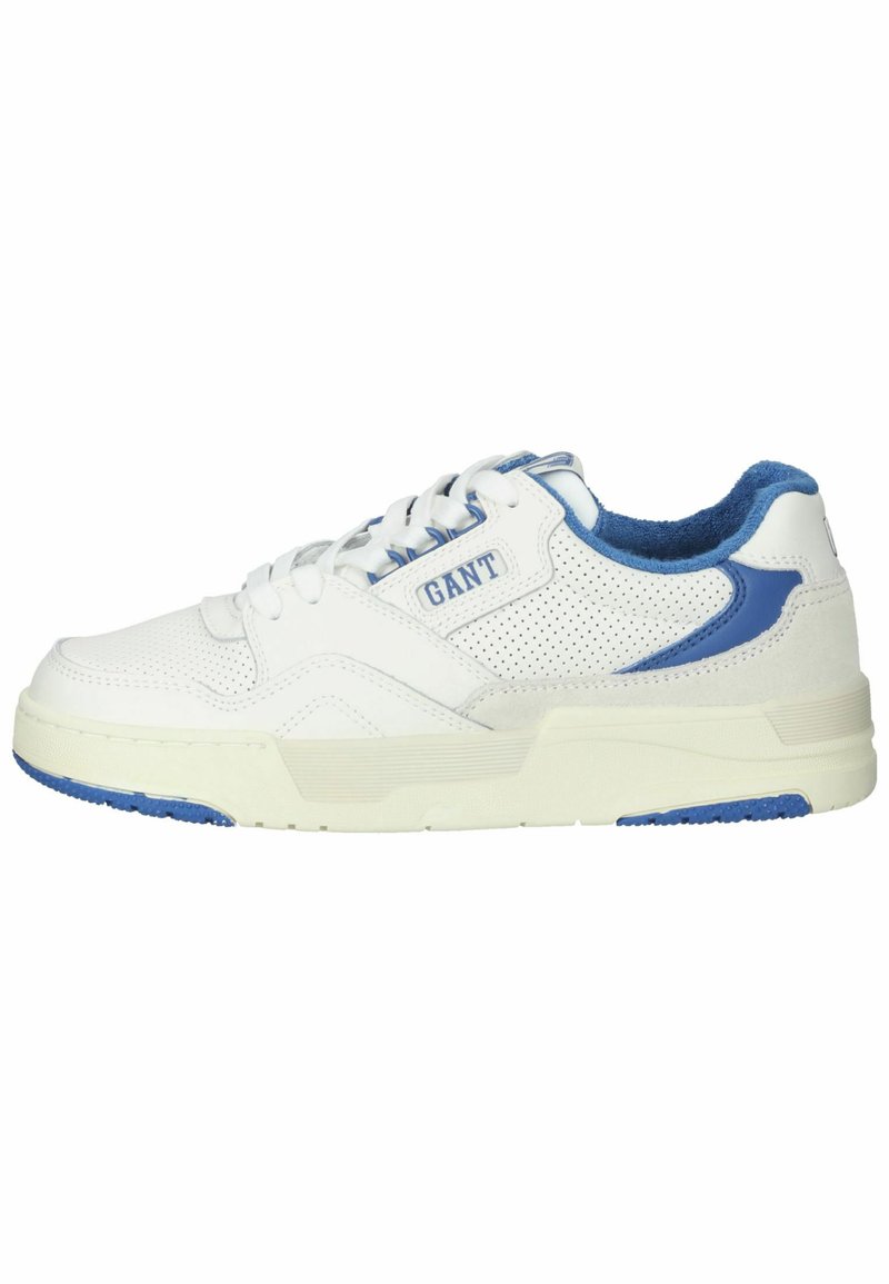 Weiße Ledersneaker mit blauen Akzenten, perforierten Details und einer strukturierten Sohle. Verfügt über einen gepolsterten Schaft und Schnürsenkel für einen sicheren Sitz.