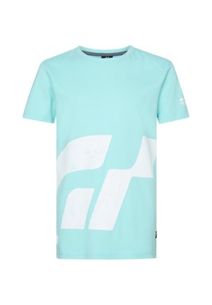 T-shirt en coton bleu clair avec un grand design graphique blanc. Encolure ronde et manches courtes, avec un petit logo sur la manche.