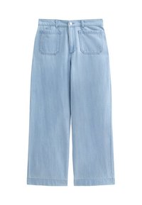 Jeans de pierna ancha en azul claro, fabricados en denim, con cintura alta, dos bolsillos frontales y un corte recto y holgado.