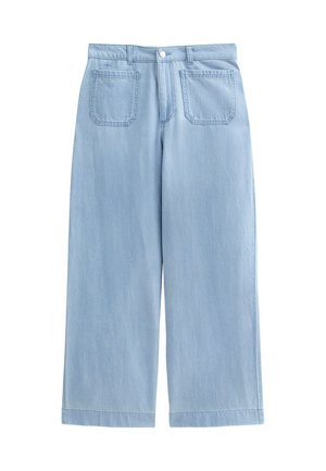 Jeans a gamba larga di colore blu chiaro, realizzati in denim, con vita alta, due tasche frontali e una silhouette dritta e ampia.