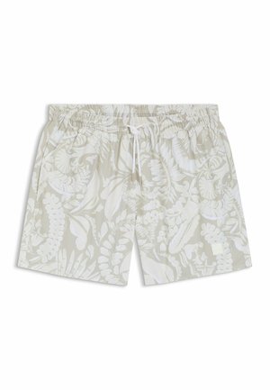 Hellbeige Badeshorts mit weißen tropischen Blattmustern, elastischem Bund und weißem Kordelzug in der Mitte vorne.