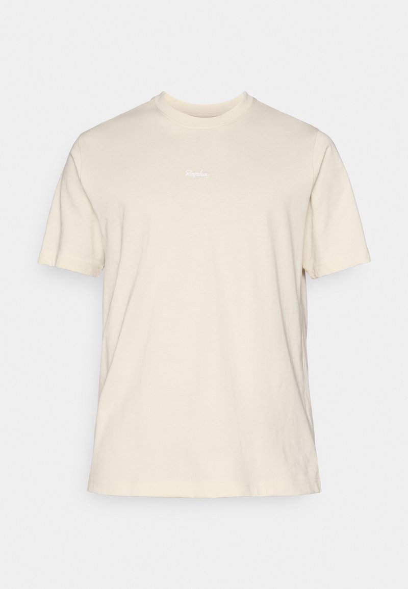 Cremfarbendes Baumwoll-T-Shirt mit Rundhalsausschnitt, kurzen Ärmeln und einem dezenten weißen Logo, das mittig auf der Brust platziert ist. Glatte Textur, lockere Passform.