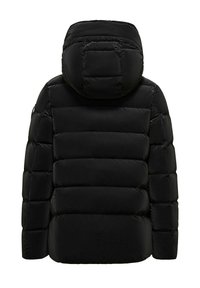 Giubbotto imbottito nero con cappuccio, caratterizzato da un design trapuntato, cuciture orizzontali e una texture liscia. Nessuna hardware o dettagli visibili.