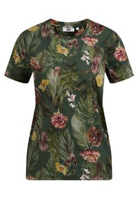 Zelené tričko s krátkým rukávem s botanickým potiskem, které zobrazuje velké tropické listy a růžové, žluté a hnědé květiny.