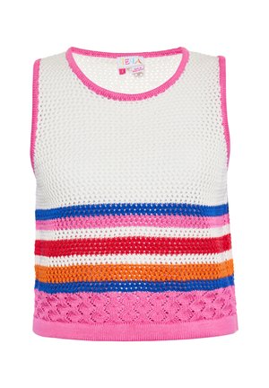 Strikket ærmeløs top med hvid meshstruktur, der har multicolor horisontale striber i rød, blå, pink, orange, og en pink kant.