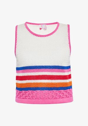 Top sin mangas de punto con estructura de malla blanca, que presenta rayas horizontales multicolores en rojo, azul, rosa, naranja y un dobladillo rosa.