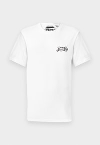White short-sleeve crew neck T-shirt with small black "Pepsi-Cola" logo on left chest and branded neck tag.