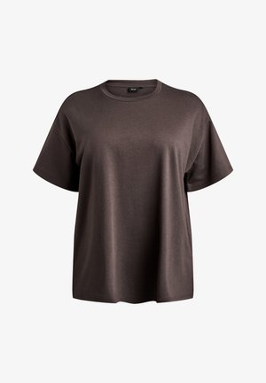 Braunes kurzärmeliges T-Shirt aus weicher Baumwolle. Es besitzt einen Rundhalsausschnitt und eine lockere Passform, mit minimalen Nahtdetails am Saum.
