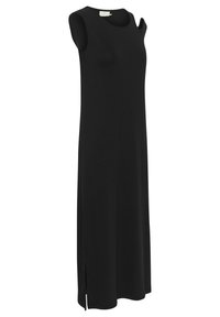 Robe longue noire sans manches avec un col rond et une petite fente latérale avant, présentée sur fond blanc.
