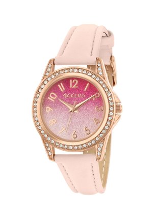 Orologio rotondo in oro rosa con quadrante sfumato rosa, ghiera tempestata di cristalli, numeri dorati e cinturino in pelle rosa chiaro.