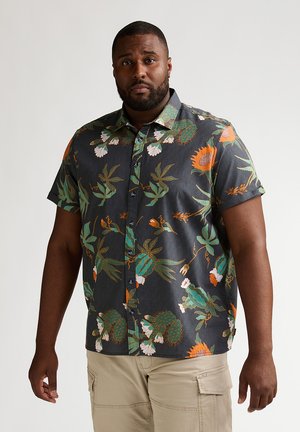 Kurzärmeliges Hemd aus dunkelgrauem Stoff mit einem lebhaften Blumenmuster in Orange, Grün und Weiß sowie durchgehender Knopfleiste.