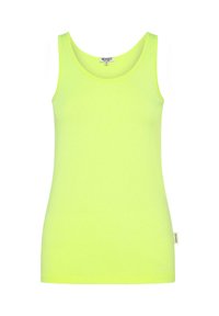 Neon yellow sleeveless tank top made from soft, stretchy fabric. Features a rounded neckline and a straight hem. Tag located at the side seam.