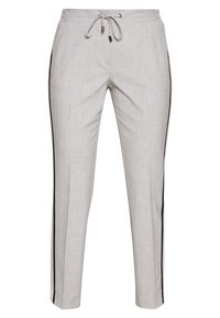 Lichtgrijze broek van een gestructureerde stof, met een trekkoord in de taille en zwarte zijstrepen. Rechte pijpen zonder zakken.
