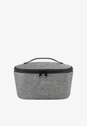 Grauer Stoff-Aufbewahrungskoffer mit gewölbtem Deckel, schwarzem Reißverschluss und Griff. Die Textur ist glatt mit einem leichten Webmuster. Kompaktes Design.