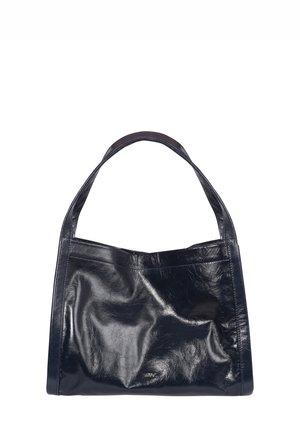 Navy leather tote bag with a smooth, glossy texture. Features two sturdy handles and a minimalistic design. No visible embellishments or patterns.