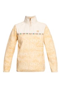 Fleece-pullover med høj krave, cremefarvet topsektion, mønstret gul krop og farverig bånd tværs over brystet med geometriske motiver.