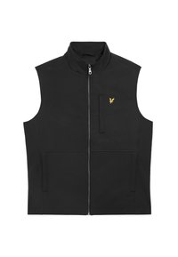 Schwarze ärmellose Weste mit hohem Kragen, Frontreißverschluss und kleinem gelben Logo auf der Brust. Sie verfügt über zwei seitliche Taschen und hat eine glatte Textur.