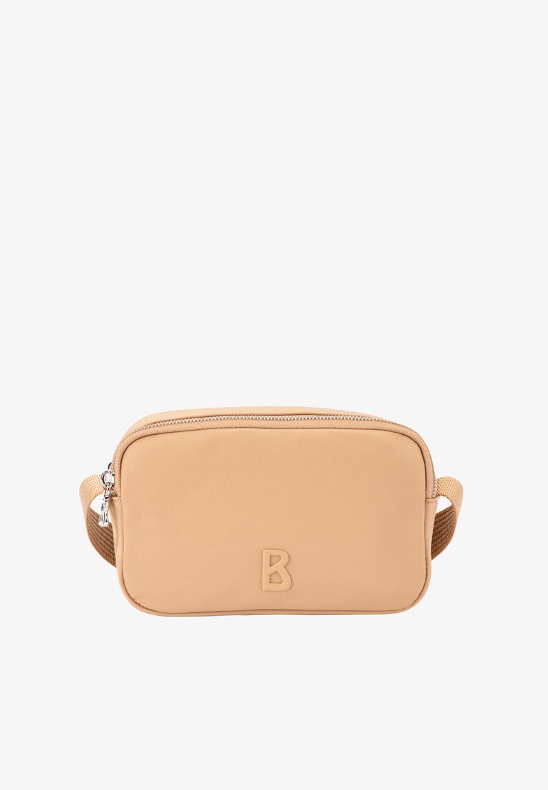 Bež pravokotna torba iz teksturirane tkanine z zadrgo in logotipom, vtisnjenim na sprednji strani. Vključuje kratek trak.