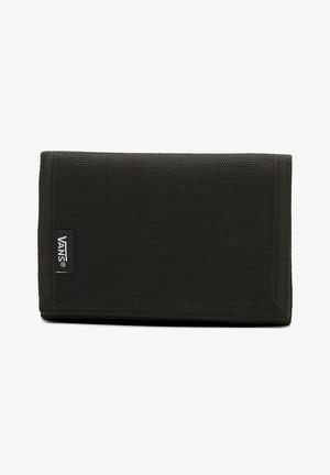 Black canvas wallet with stitched edges, rectangular shape, featuring a small logo tag on the front and a textured surface.