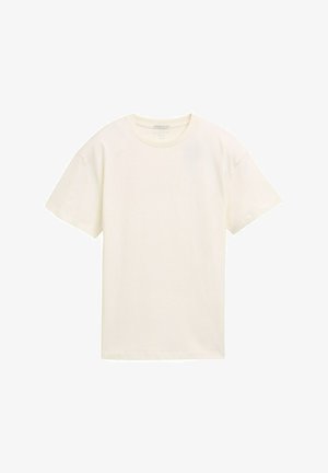 Kremowa koszulka z krótkim rękawem wykonana z miękkiej bawełny. Posiada okrągły dekolt i luźny krój, bez wzorów czy dodatkowych akcentów.