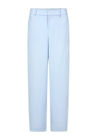 Light blue trousers made of smooth fabric, featuring a straight shape, belt loops, and a front zipper with a button closure.