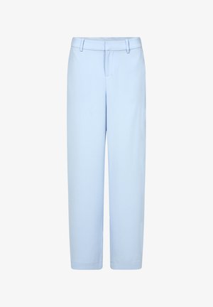 Heledad sinised püksid siledast kangast, sirge lõikega, vöörihmade ja esi-tasku ning nööbilukuga.