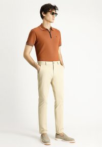 Polo de color óxido con collar de cremallera y estampados a rayas. Pantalones beiges y zapatillas ligeras de color gris claro con suelas blancas. Ajuste casual.