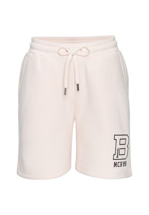 Hellrosa Freizeitshorts mit elastischem Bund, Kordelzug, Seitentaschen und schwarzem "B MCR'89"-Logo am linken Oberschenkel.