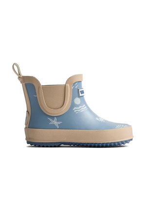 Sinist ja beežist laste vihmatalvesaapad mere-teemaliste mustritega, tagant tõmbamislipik ja tekstuuriga tald parema haakumise jaoks.